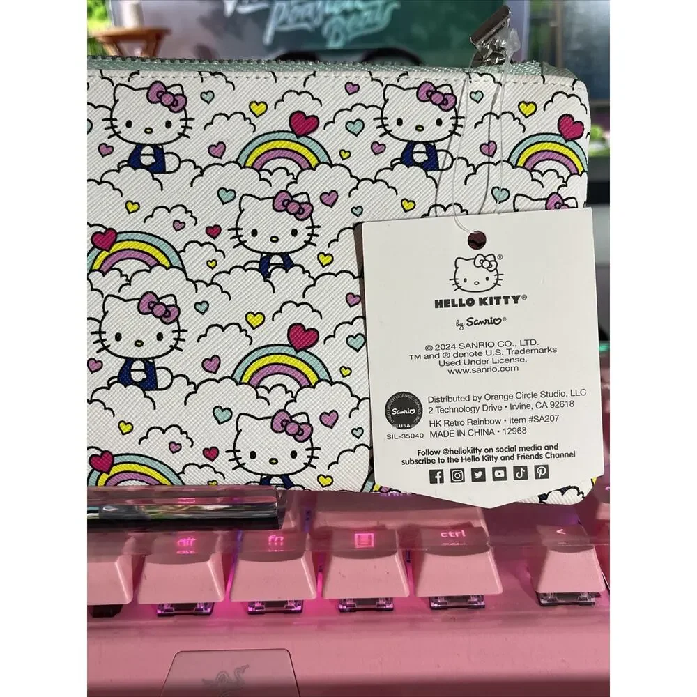 Hello Kitty Pencil Pouch Case Zipper Lined Rainbows Hearts White 2024 Sanrio